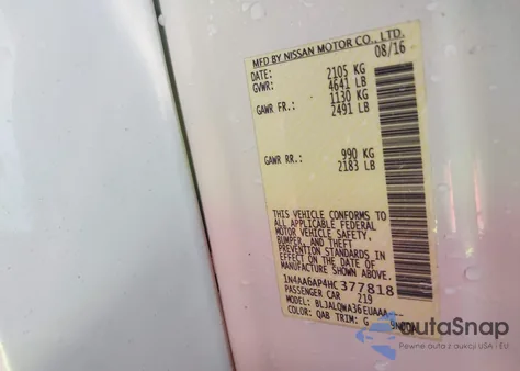 2017 Nissan Maxima 3.5 Platinum/3.5 S/3.5 Sl/3.5 Sr/3.5 Sv z USA, uszkodzony, nr VIN 1N4AA6AP4HC377818